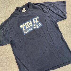 Try It You'll Like It T-Shirt Optima Tag Blue XL 100% Cotton 90s Y2K
